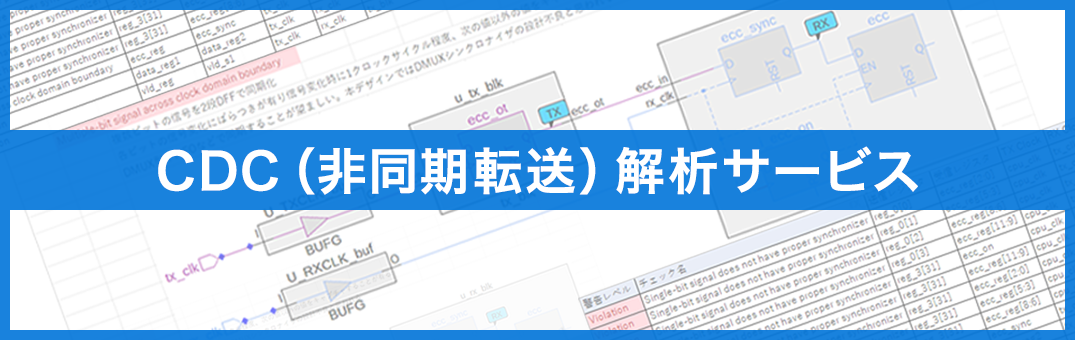 CDC（非同期）解析サービスのキービジュアル 非同期クロックドメインと解析結果イメージ