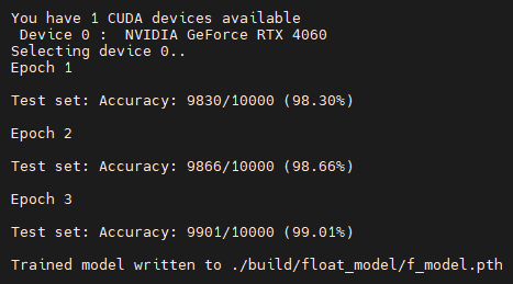 PyTorchによるMNISTモデルのGPU学習実行結果とエポック別精度ログ