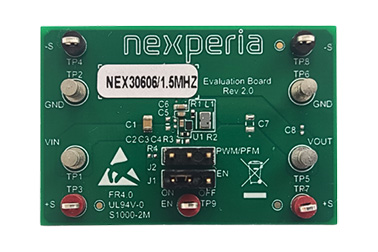 Nexperia NEX30606評価ボード。1.8～5.0V入力、600mA出力、220nAの超低静止電流で動作する降圧コンバータを搭載