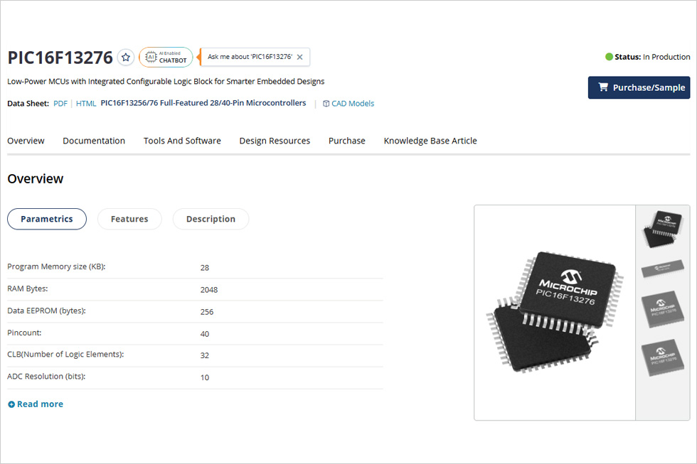 Microchip社 PIC16F13276 製品ページ