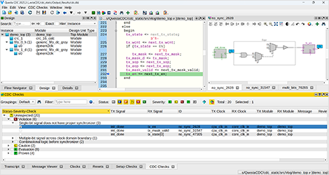 Questa CDCのGUIで未同期信号（no_sync）のCDC違反を検出している画面