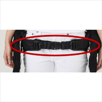 ２．腰ベルトは、ズボンのベルトより下に装着。両サイドの紐をひっぱって締め腰にしっかり固定する。