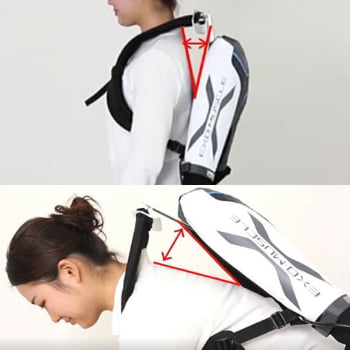 ３．かがみ姿勢になっても装置が身体に当たらないように、背中とマッスルスーツの間に隙間をあける