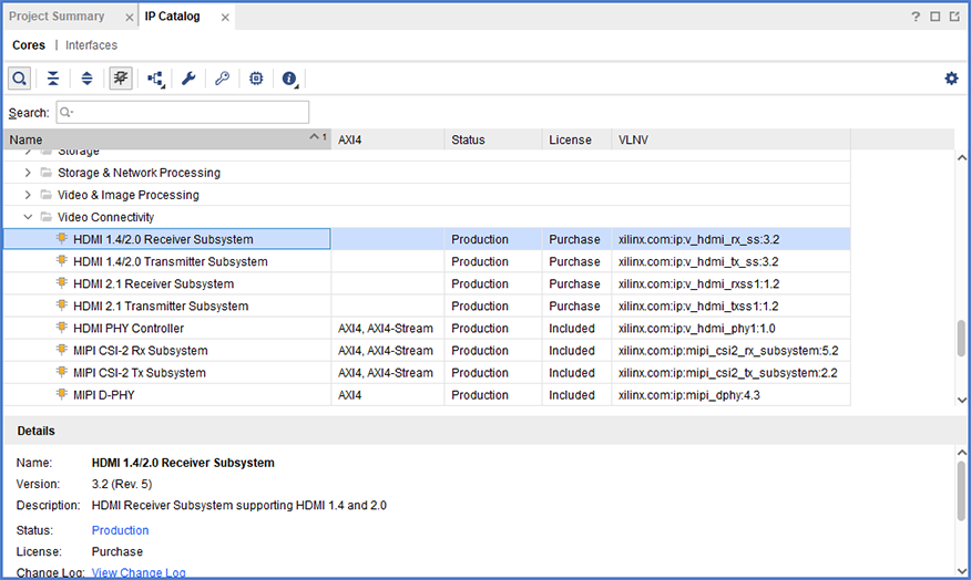 Vivado® 2020.2.2 IP Catalog画面