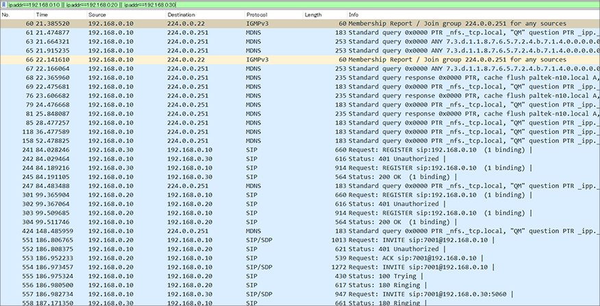 IPアドレスが192.168.0.10、192.168.0.20、192.168.0.30のみのパケットが表示