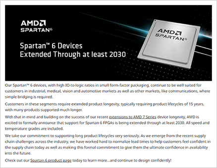 AMD Spartan™ 6 FPGAのプロモーション画像。2030年までの製品サポートを強調。