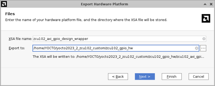 ハードウェアプラットフォームのエクスポート画面、XSAファイル名と保存先ディレクトリが指定されている