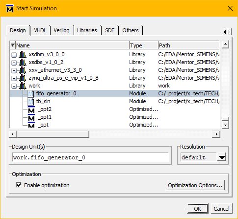 ModelSim® SE-64 2021.03 Start Simulation画面