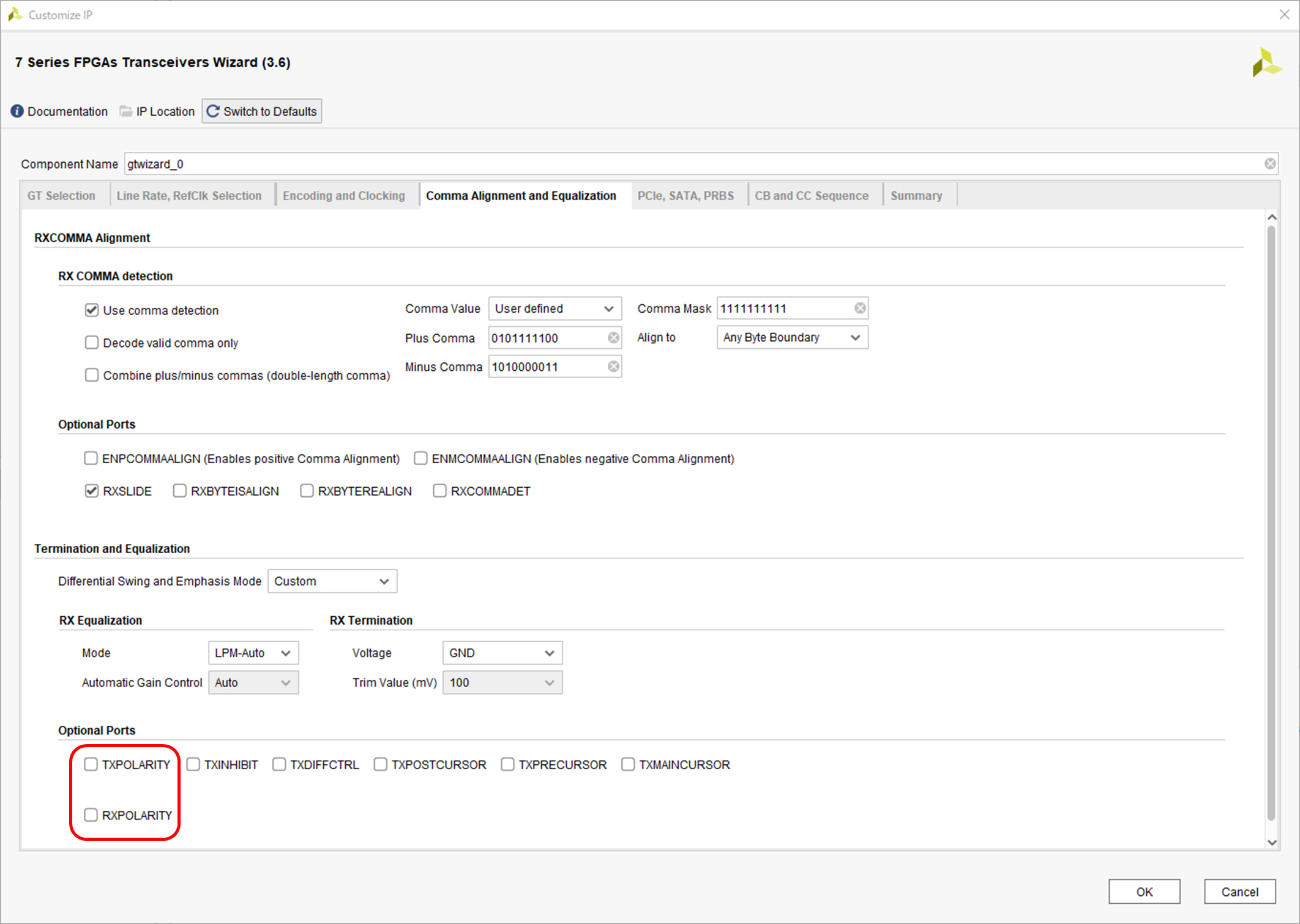 Vivado&trade; 2023.1 7 Series FPGAs Transceivers Wizard (Ver 3.6) IP 設定画面