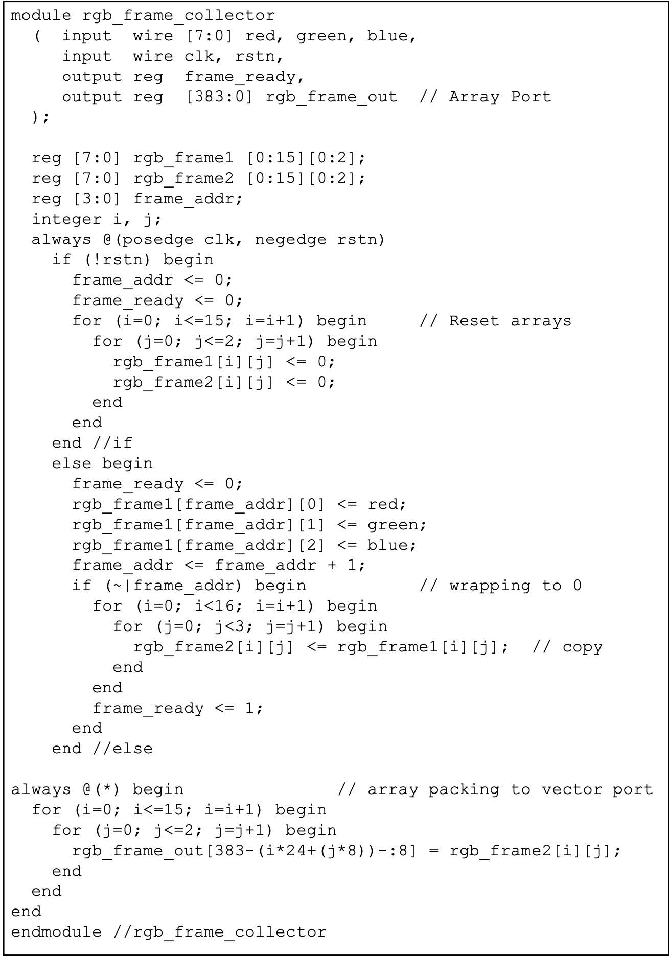 配列操作の記述を含むVerilogコード例