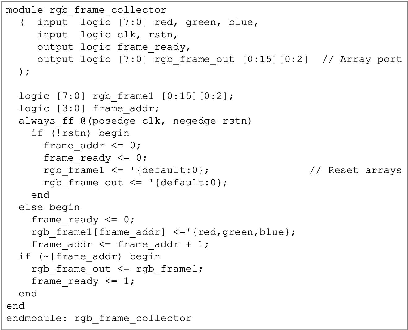 配列操作の記述を含むSystemVerilogコード例