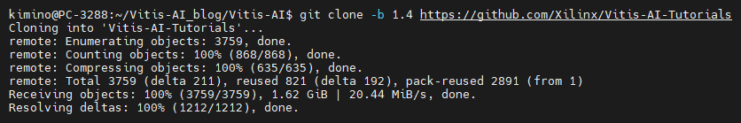 Vitis AI Tutorials 1.4リポジトリのGitクローン実行結果画面